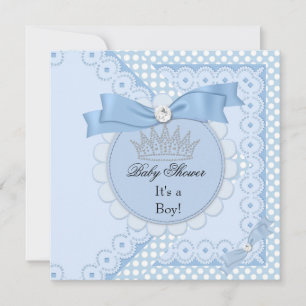 Invitation Baby shower Garçon Blanc Bleu Prince Couronne