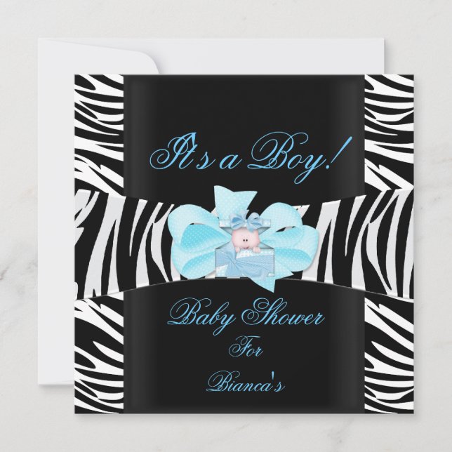 Invitation Baby shower Garçon Bleu Bleu noir blanc Zèbre Impr (Devant)