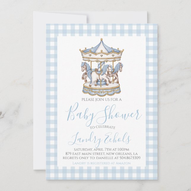 Invitation Baby shower Garçon bleu de Preppy Carousel (Devant)