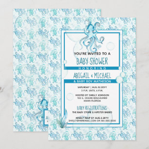 Invitation Baby shower Garçon Bleu et aquarelle Turquoise Oct