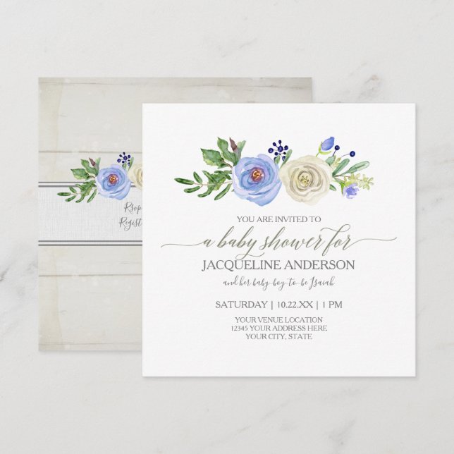 Invitation Baby shower garçon bleu n Roses blanches Bois rust (Devant / Derrière)