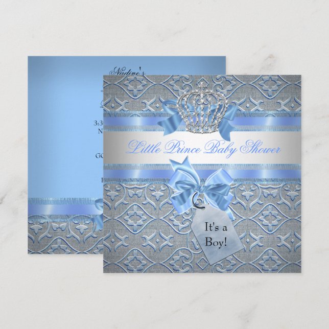 Invitation Baby shower Garçon Bleu Petit Prince Couronne (Devant / Derrière)