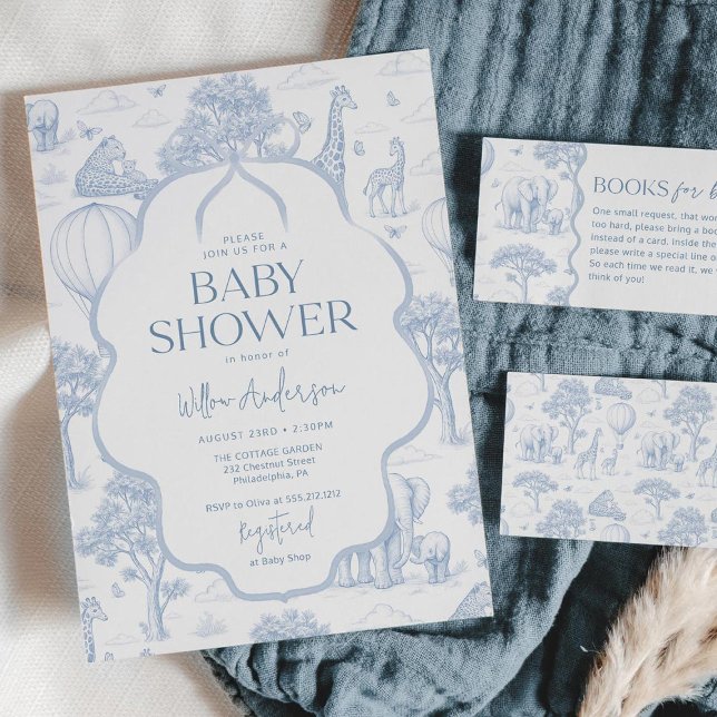 Invitation Baby shower Garçon bleu Toile De Jouy Safari (Créateur téléchargé)