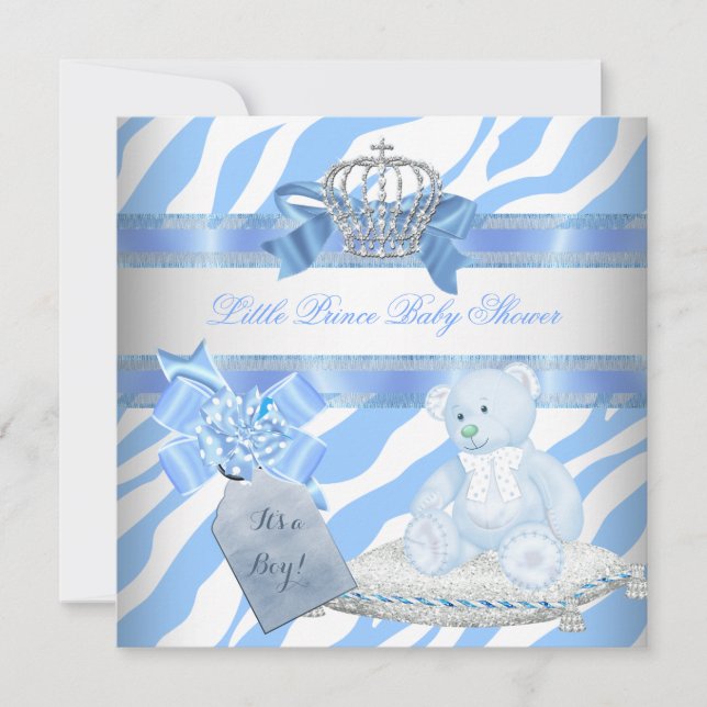 Invitation Baby shower Garçon Bleu Zèbre Prince Couronne Tedd (Devant)