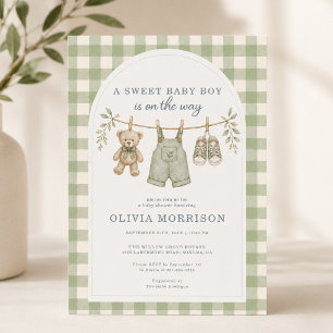 Invitation Baby Shower Garçon Bohème Vert Sauge à Carreaux