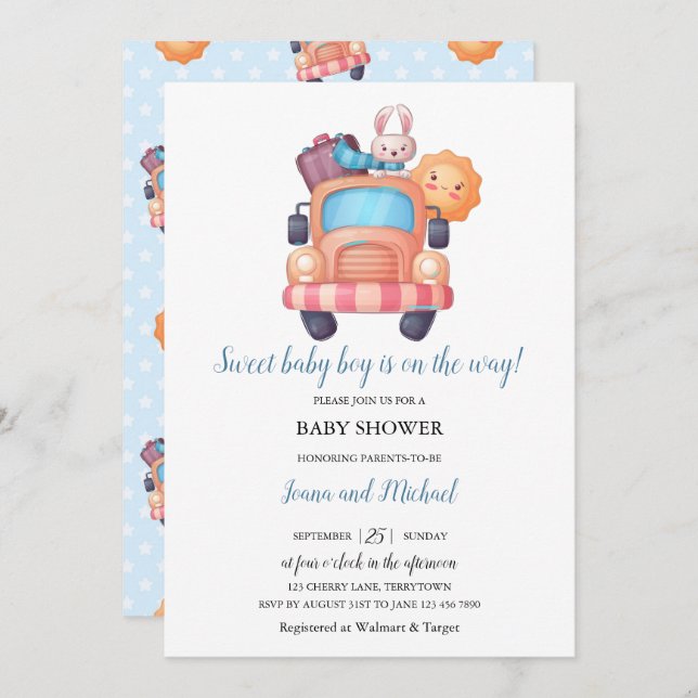 Invitation Baby shower garçon Bunny migny (Devant / Derrière)