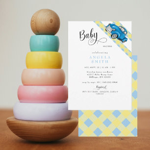 Invitation Baby Shower Garçon Camion Rétro Bleu Gingham Jaune
