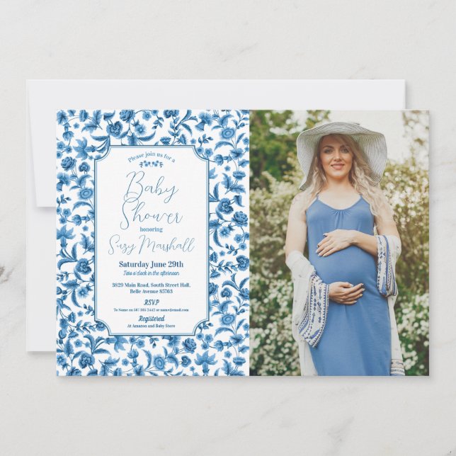 Invitation Baby Shower Garçon Chintz Bleu photo Floral Ditsy (Devant)