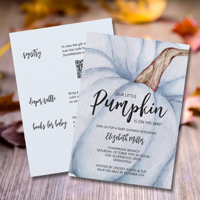 Invitation Baby shower Garçon Citrouille bleu tout en un (Blue pumpkin boy baby shower all in one invitations,  registry, diaper raffle & books for baby )