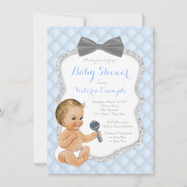 Invitation Baby shower garçon Cravate bleu gris (Devant)