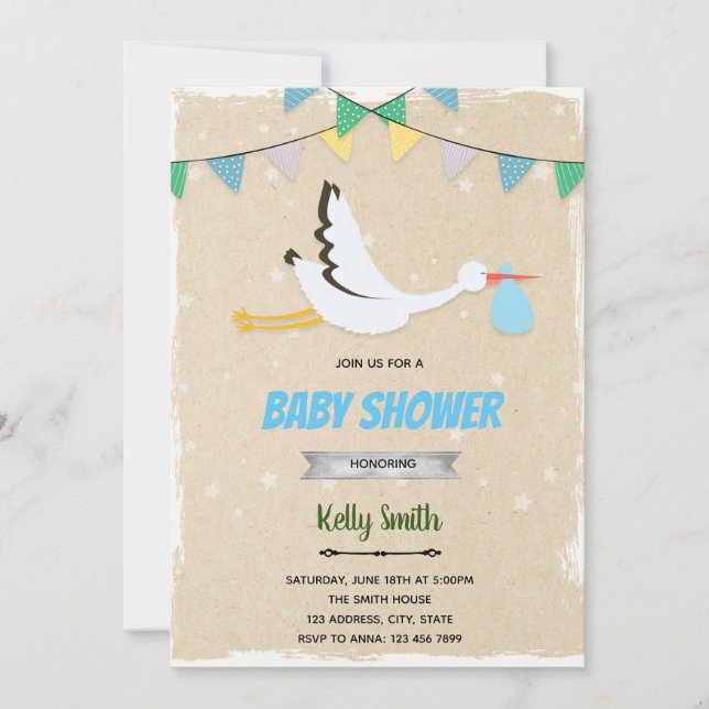 Invitation baby shower garçon de cigogne (Devant)