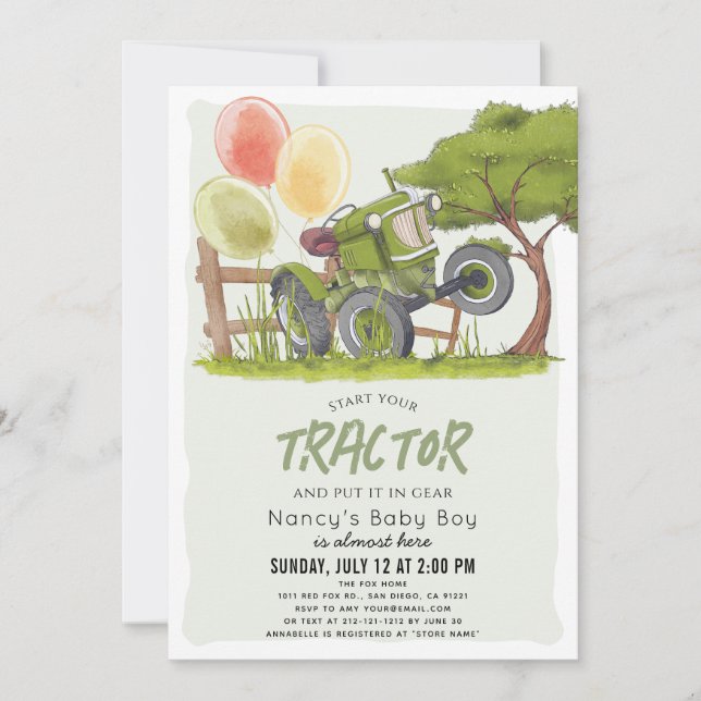 Invitation Baby shower Garçon de ferme Green Tractor (Devant)