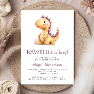 Invitation Baby Shower Garçon Dinosaure Mignon Orange Violet