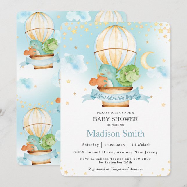 Invitation Baby shower garçon Dinosaures à air chaud Balloon  (Devant / Derrière)
