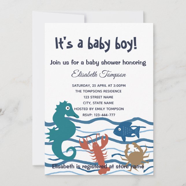 Invitation Baby shower garçon du monde océanique (Devant)