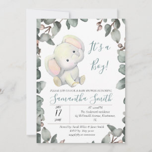 Invitation Baby shower garçon Eléphant Eucalyptus Feuilles