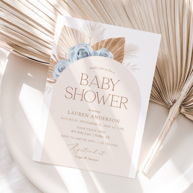 Invitation Baby shower Garçon en laiton Boho bleu Pampas (Créateur téléchargé)