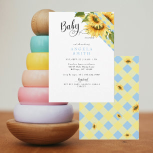 Invitation Baby Shower Garçon Fleurs Jaune et Bleu à Carreaux