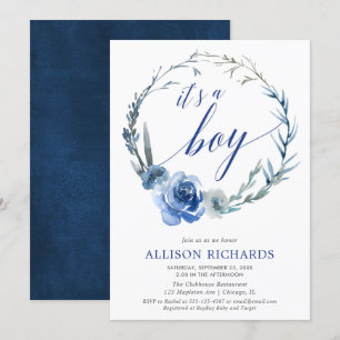 Invitation Baby shower garçon floral bleu, couronne de pivoin