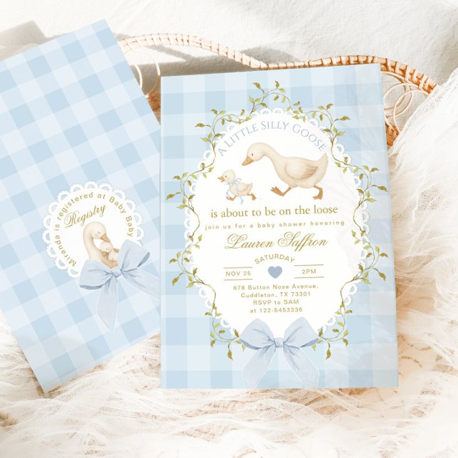 Invitation Baby Shower Garçon Gingham Bleu Silly Goose (Créateur téléchargé)