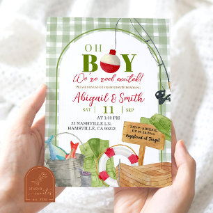 Invitation Baby Shower Garçon Gingham Vert Pêche