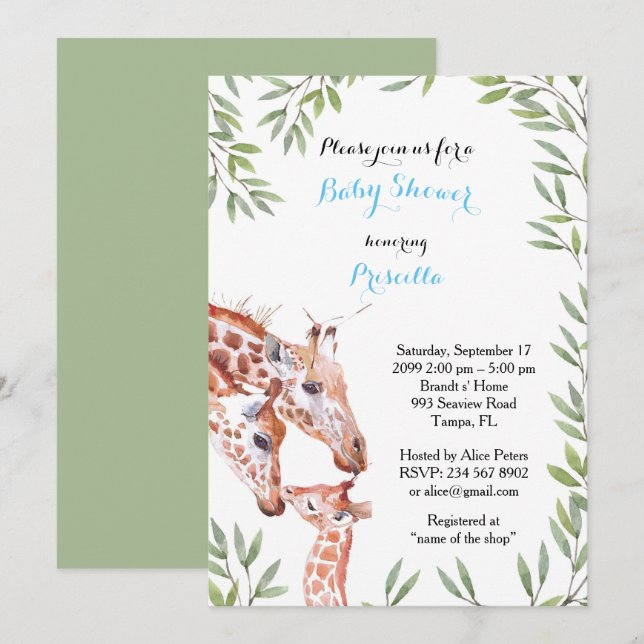 Invitation Baby shower GARÇON, girafe, blanc, amande, feuille (Devant / Derrière)