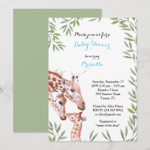 Invitation Baby shower GARÇON, girafe, blanc, amande, feuille
