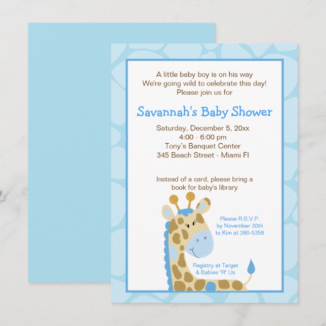 Invitation Baby shower Garçon Giraffe Bleu (Devant / Derrière)