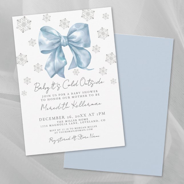 Invitation Baby Shower Garçon Hiver Arc-en-Ciel Bleu (Blue Bow Winter Boy Baby Shower Invitation)