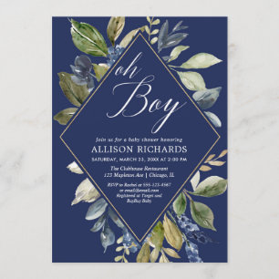 Invitation Baby shower garçon marine bleu et vert feuillage
