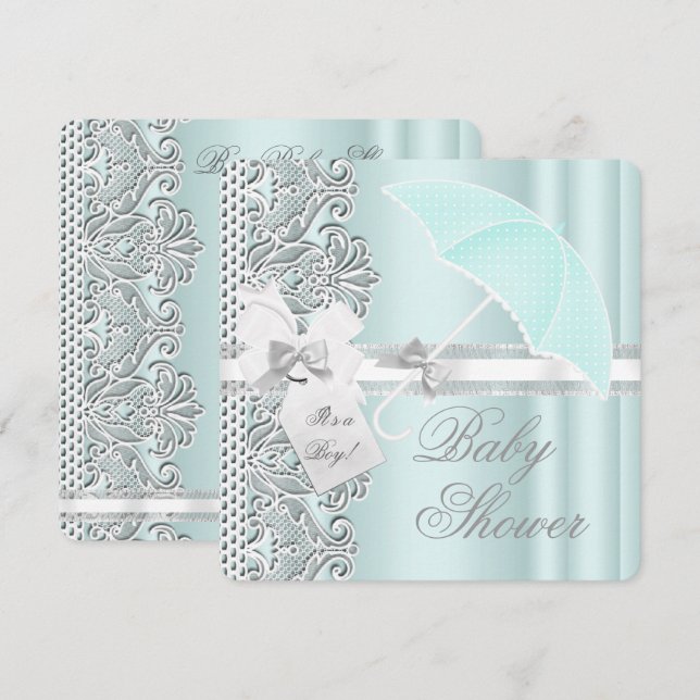 Invitation Baby shower Garçon Mint bleu gris blanc dentelle (Devant / Derrière)