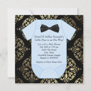 Invitation Baby Shower Garçon Or Noir et Damassé Bleu