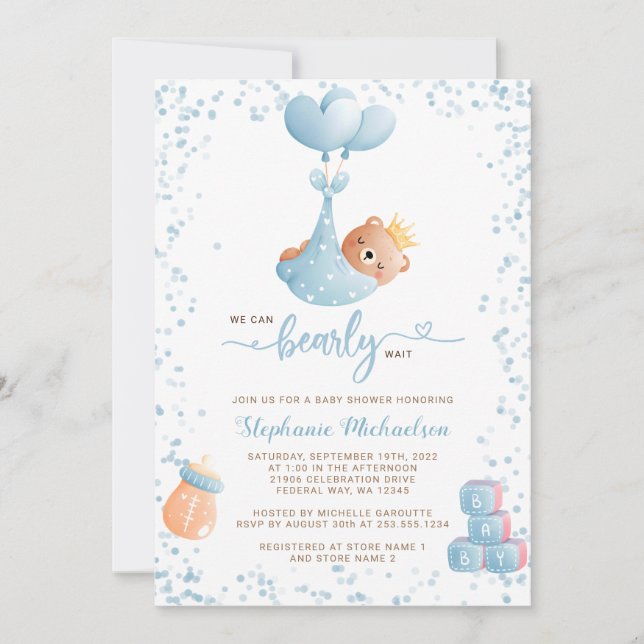 Invitation Baby-Shower Garçon Ours avec Demande de Livre (Devant)