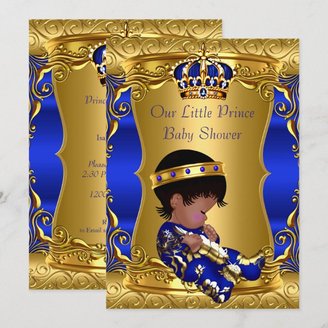 Invitation Baby Shower Garçon Prince Bleu Or Afro-Américain (Devant / Derrière)