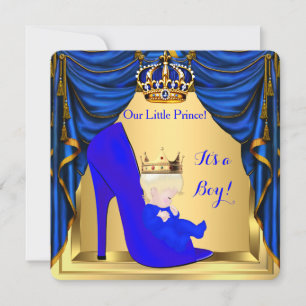 Invitation Baby Shower Garçon Prince Bleu Royal Chaussure Or 