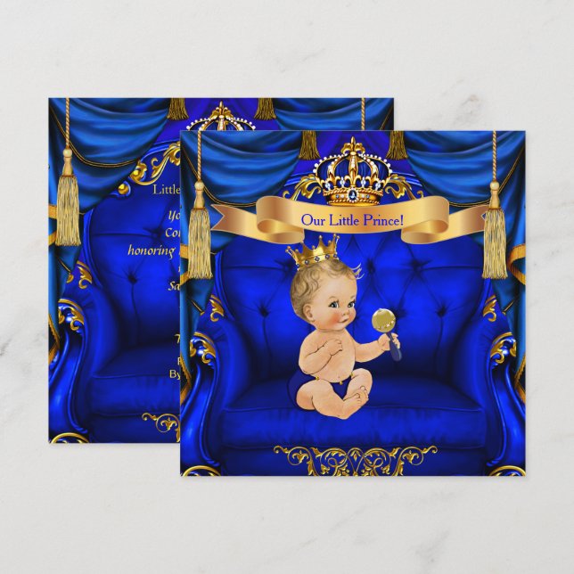 Invitation Baby shower Garçon Prince Royal Blue Gold Blonde g (Devant / Derrière)