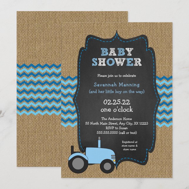 Invitation Baby shower garçon Rustic Blue Tractor (Devant / Derrière)