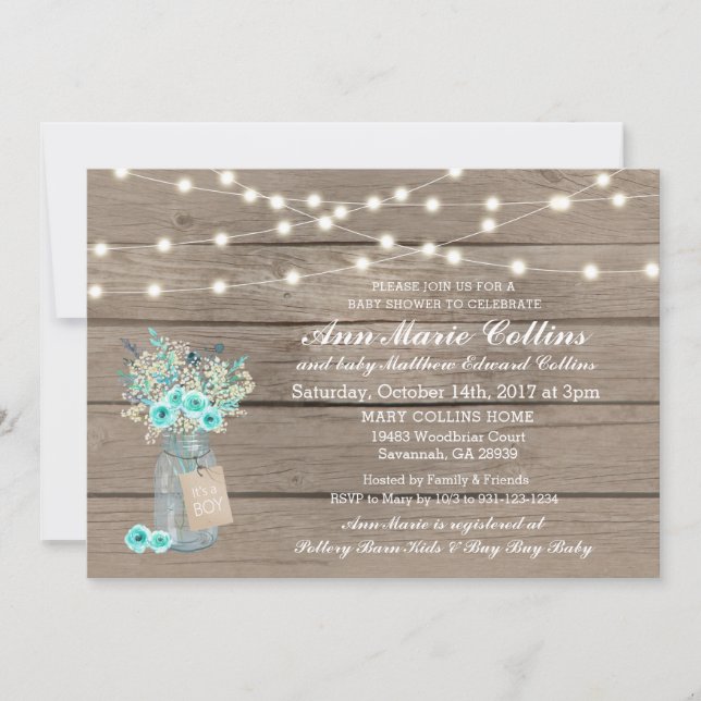 Invitation Baby shower Garçon Rustique String Lights Babys Re (Devant)