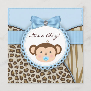 Invitation Baby Shower Garçon Singe Brun Bleu