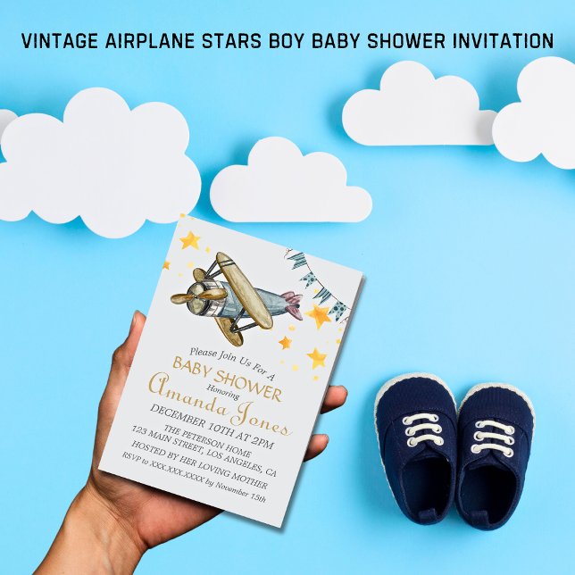 Invitation Baby shower garçon Stars d'avion vintage (Vintage Airplane Stars Boy Baby Shower Invitation)