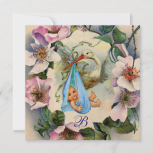 INVITATION BABY SHOWER GARÇON STORK, MONOGRAM ROSE SAUVAGE RO