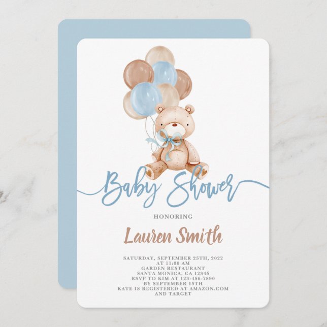 Invitation Baby shower Garçon Teddy Bear (Devant / Derrière)