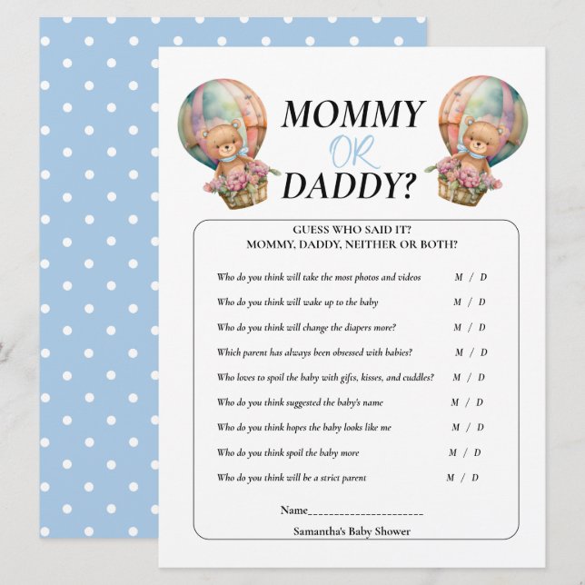 Invitation Baby Shower Garçon Teddy Maman Papa Ballon Bleu (Devant / Derrière)