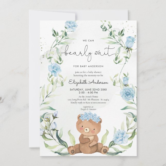 Invitation Baby shower Garçon vert Ours bleu Floral (Devant)