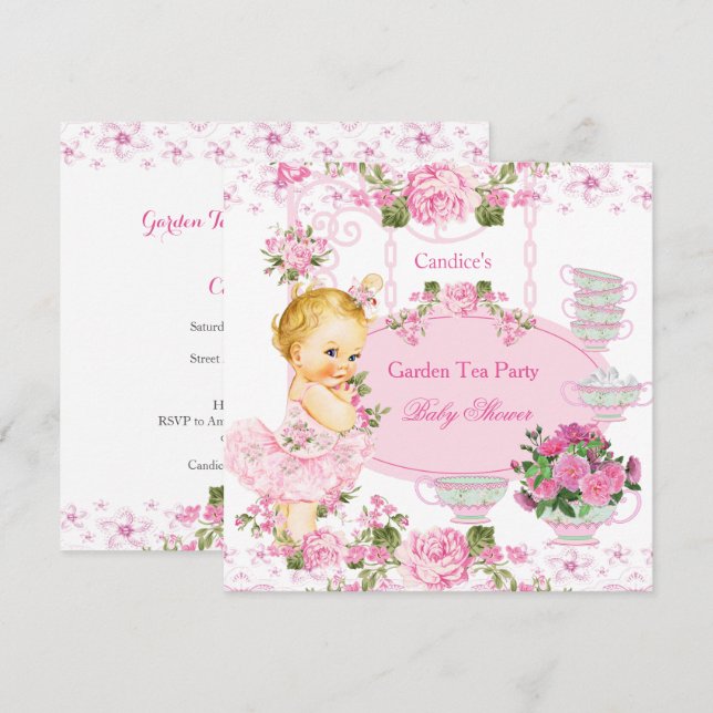 Invitation Baby shower Garden Tea Party dentelle rose Blonde (Devant / Derrière)