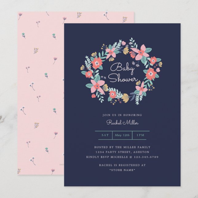 Invitation Baby shower Garden Wreath (Devant / Derrière)