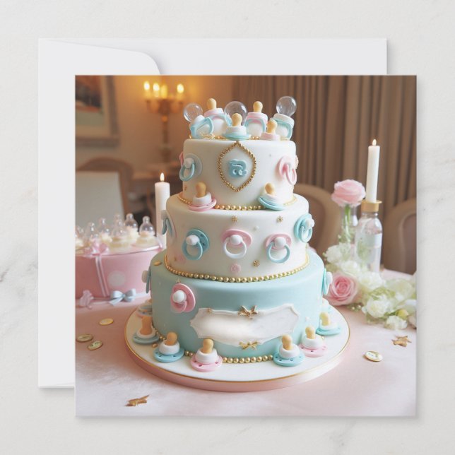 INVITATION BABY SHOWER, GÂTEAU BLEU & BLANC AVEC PACIFIQUES (Devant)