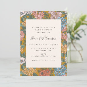Invitation Baby Shower Genre Neutre Fleur Mustard Rétro