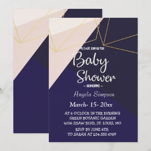 Invitation Baby shower géométrique bleu marine et or rose