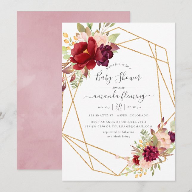 Invitation Baby shower géométrique de Boho bordeaux et bleu (Devant / Derrière)